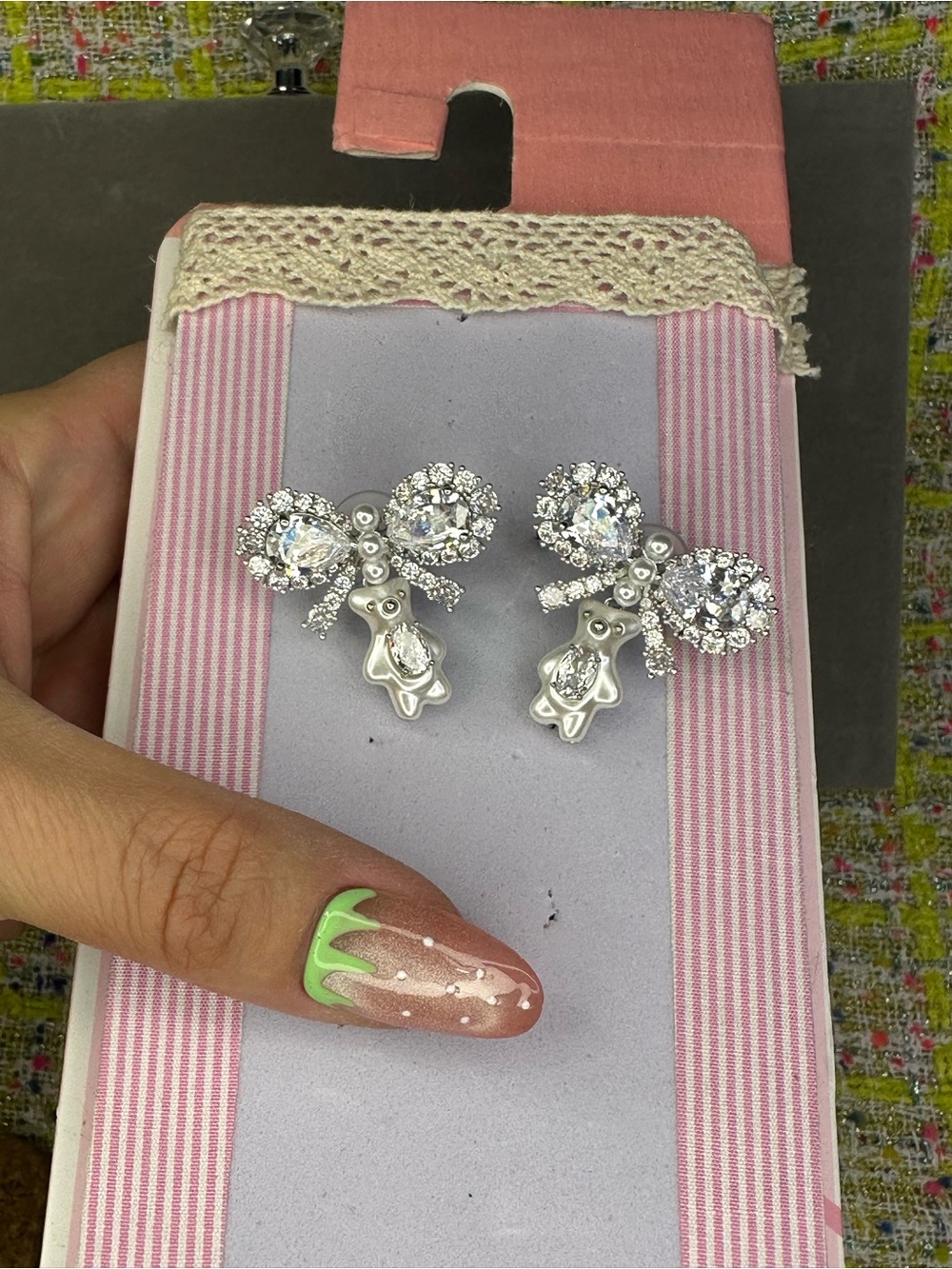 Yvmin Crystal Bow and bear Silver Drop Earrings -